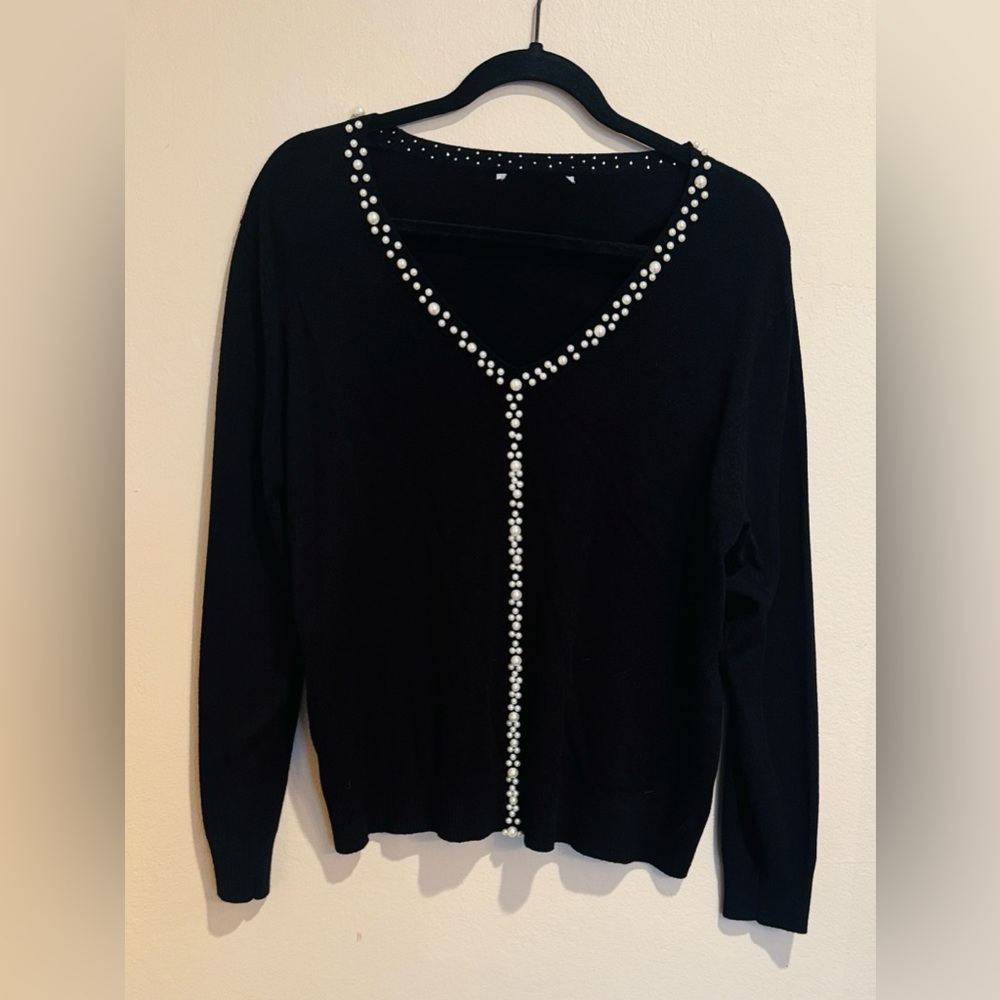 Black V-neck Sweater with Pearl Accents